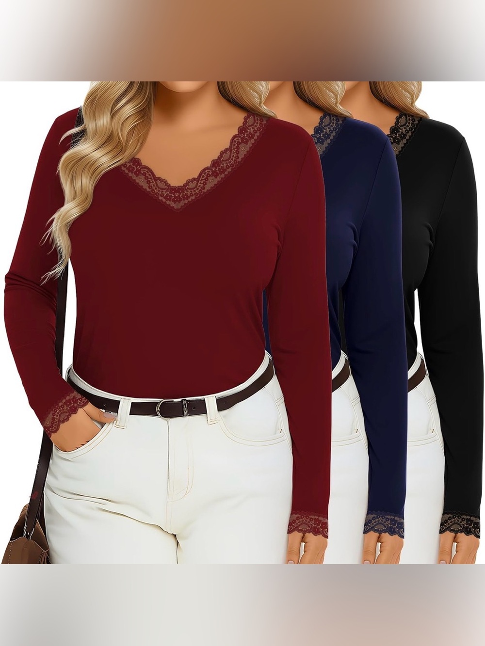 Lace Trim V-Neck Long Sleeve Top - Burgundy
